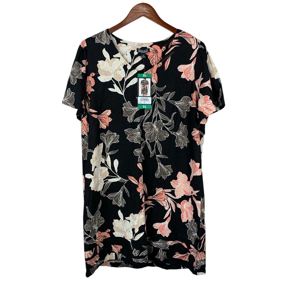 New Original Nicole Miller Shift Dress Black Pink Floral Linen Blend Women's XL